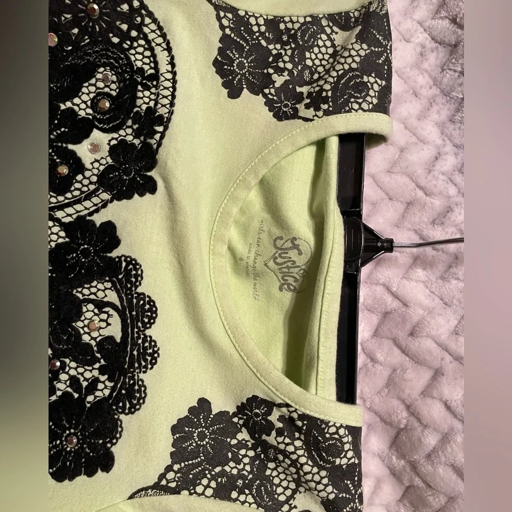 🌻 JUSTICE Girls frilly T-shirt dress long sleeves Green & black SZ 6 lace Heart